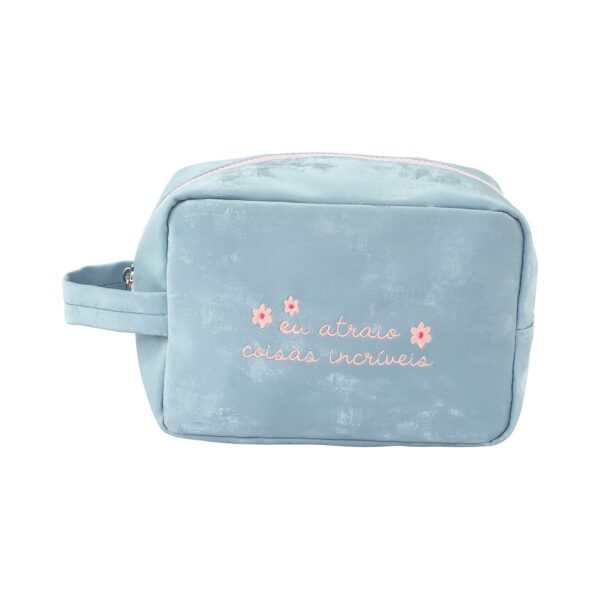 Necessaire Bauzinho M Bordada Azul "EU ATRAIO COISAS INCRÍVEIS" 20x11x14cm - FLORIE - UND