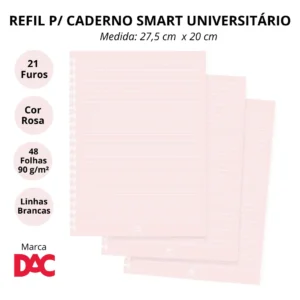 Refil de Folhas Reposicionável para Caderno Smart Universitário Rosa - DAC