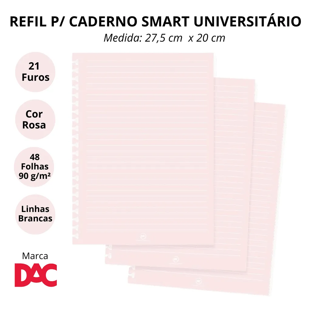 Refil de Folhas Reposicionável para Caderno Smart Universitário Rosa - DAC