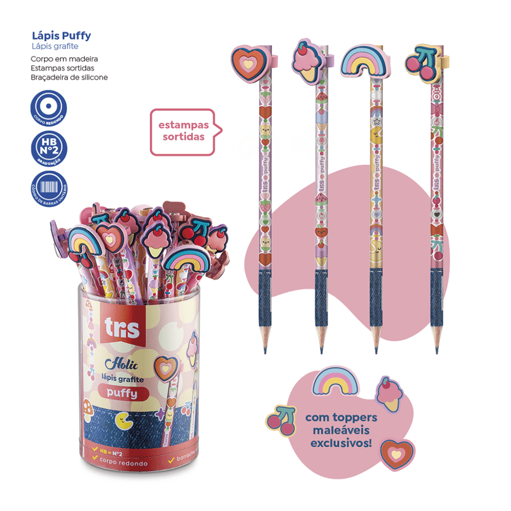 Lápis Grafite c/ Topper Puffy Holic Charm - TRIS - POTE 24 UND