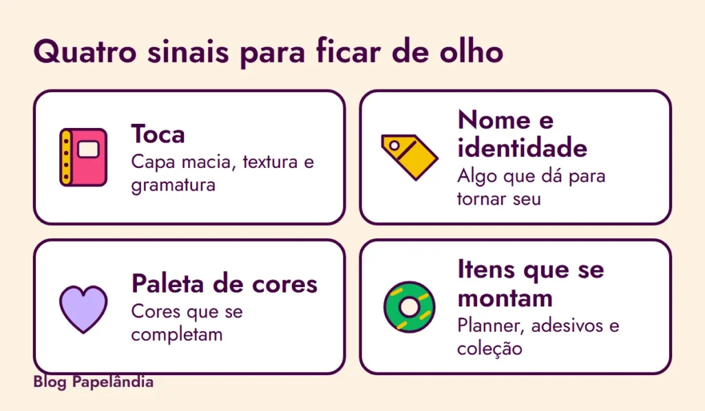Quatro cartões com sinais de tendência: toque, nome e identidade, paleta de cores e itens que se montam
