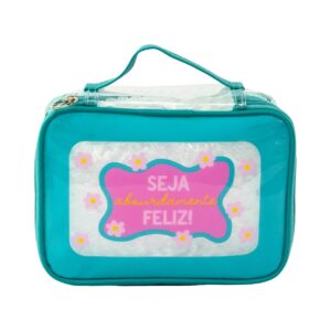 Necessaire Maleta Transparente Verde Escuro "SEJA ABSURDAMENTE FELIZ!" 22x8x16cm - FLORIE - UND