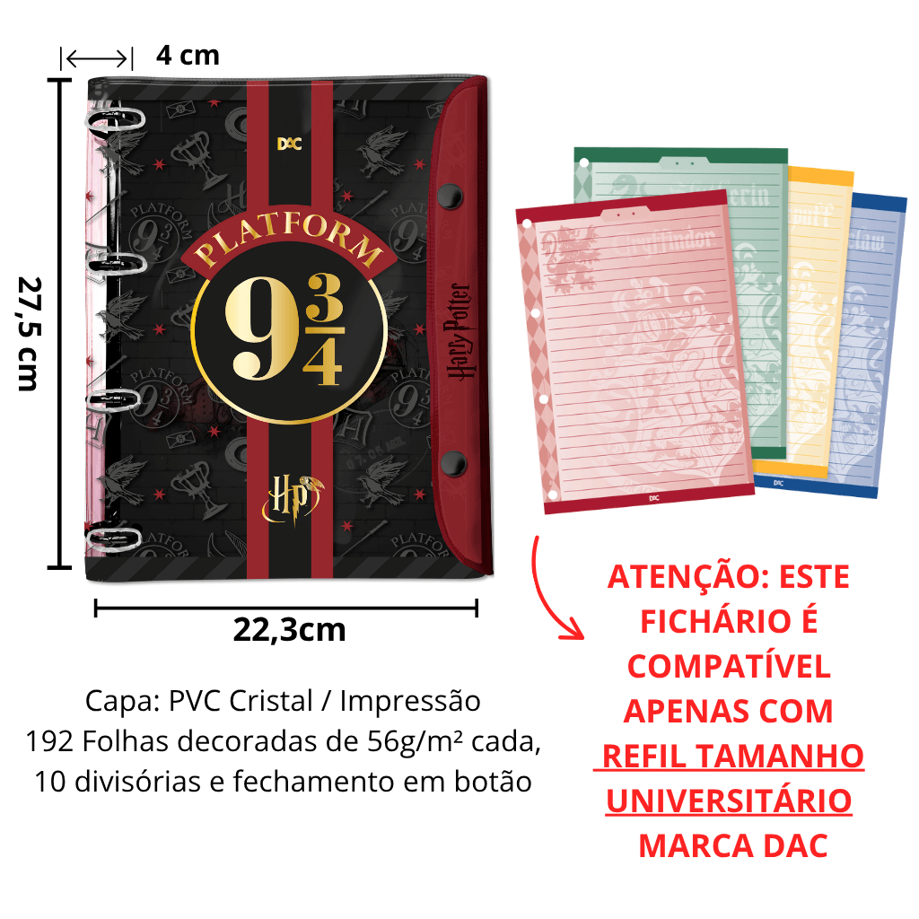 Fichário Universitário PVC Cristal 10 Divisórias Harry Potter 192 fls - DAC