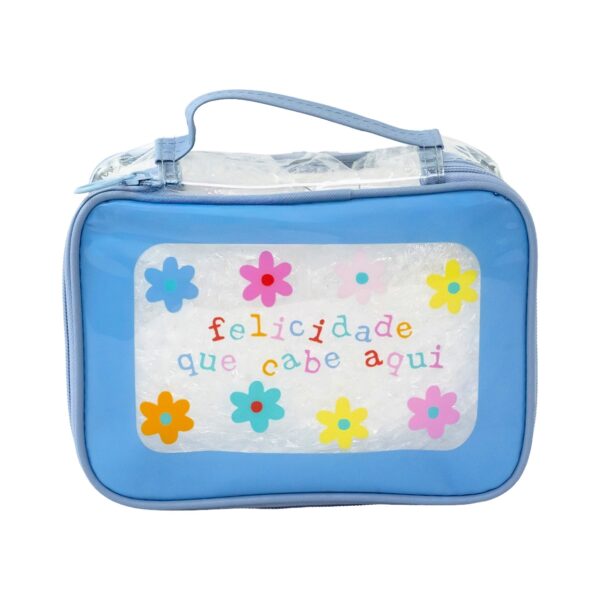 Necessaire Maleta Transparente Azul "FELICIDADE QUE CABE AQUI" 22x8x16cm - FLORIE - UND