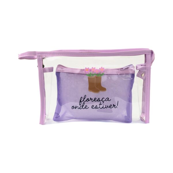 Kit Necessaire Transparente c/ Bolsa Interna Lilás "FLORESÇA ONDE ESTIVER!" 26x6x17cm - FLORIE - UND