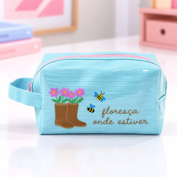 Necessaire Bauzinho Emborrachada Azul "FLORESÇA ONDE ESTIVER" 18x10x10cm - FLORIE - UND