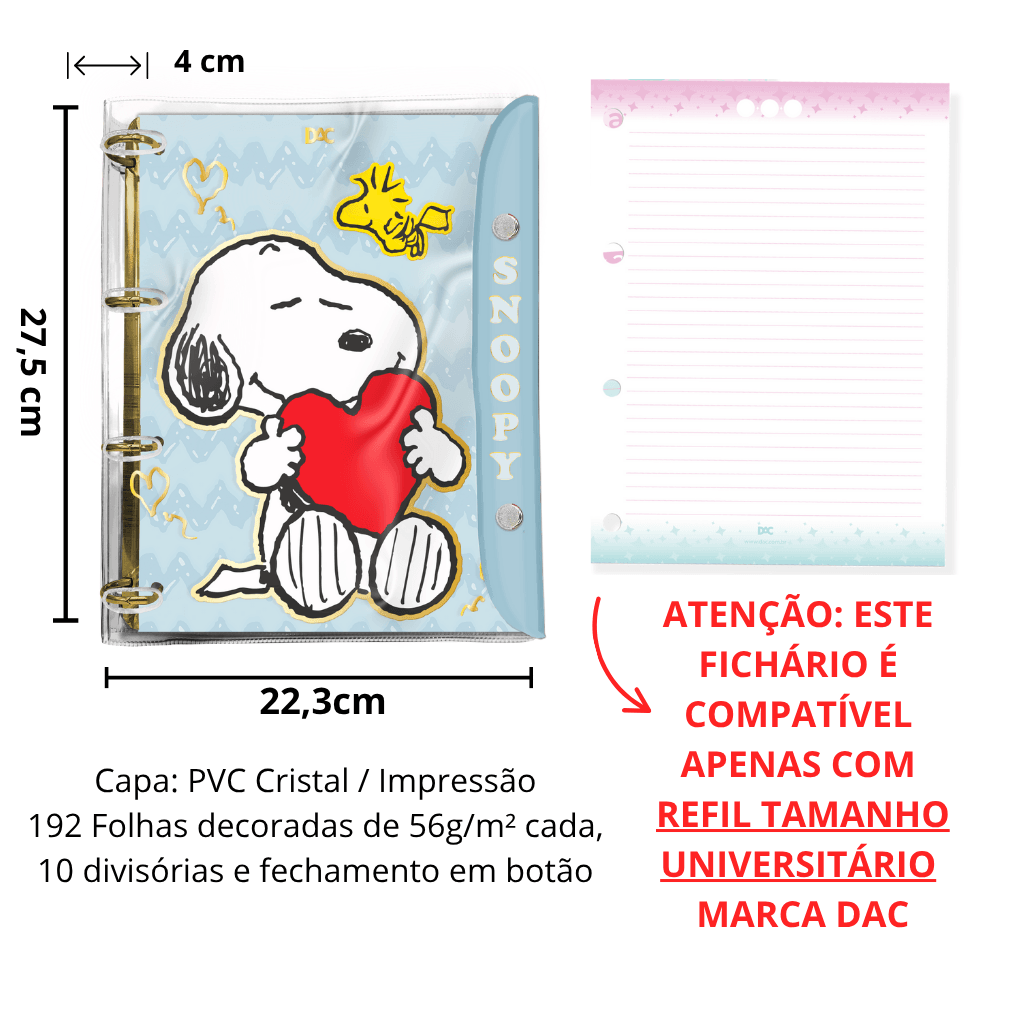 Fichário Universitário PVC Cristal 10 Divisórias Snoopy 192 fls - DAC