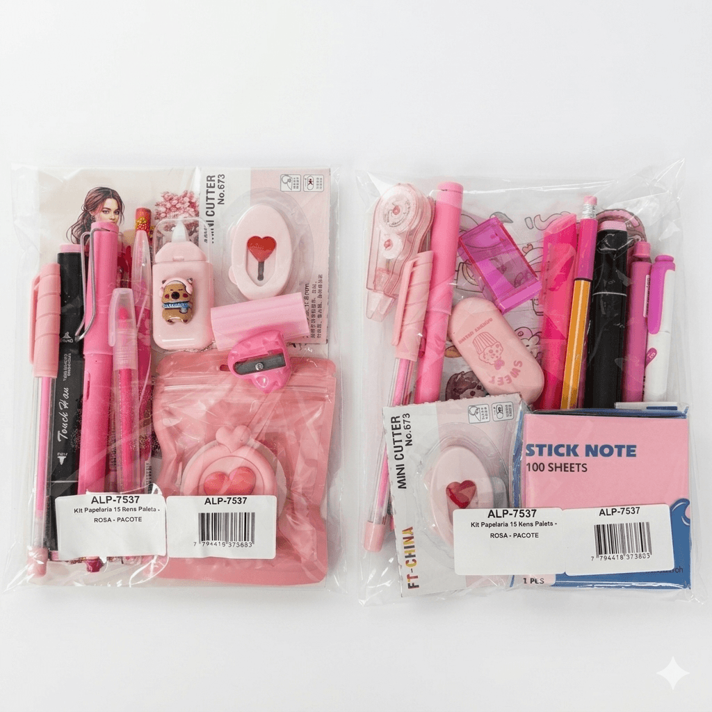 Kit Papelaria 15 Itens Paleta - ROSA - PACOTE
