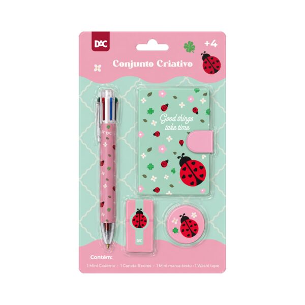 Conjunto Criativo Caderno 50 fls, Caneta 6 Cores, Marca Texto e Washi Tape Trendy - DAC