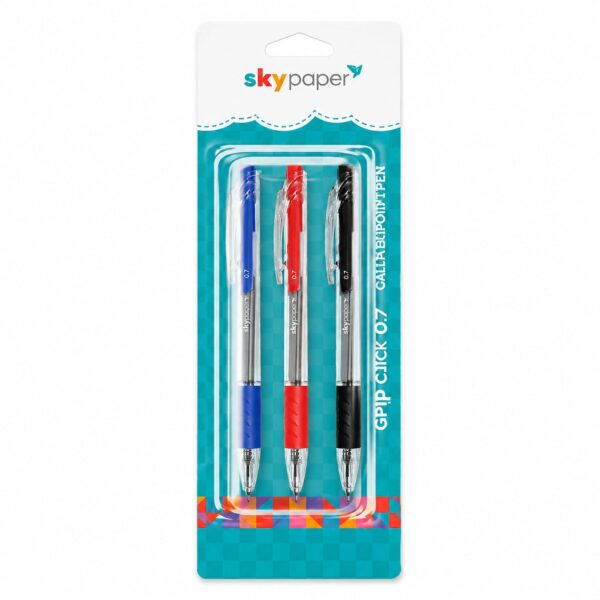 Kit Caneta Click Esferográfica 0.7mm c/ 3 Cores- SKYPAPER - BLISTER