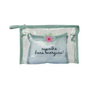 Kit Necessaire Transparente c/ Bolsa Interna Verde "ESPALHE BOAS ENERGIAS!" 26x6x17cm - FLORIE - UND