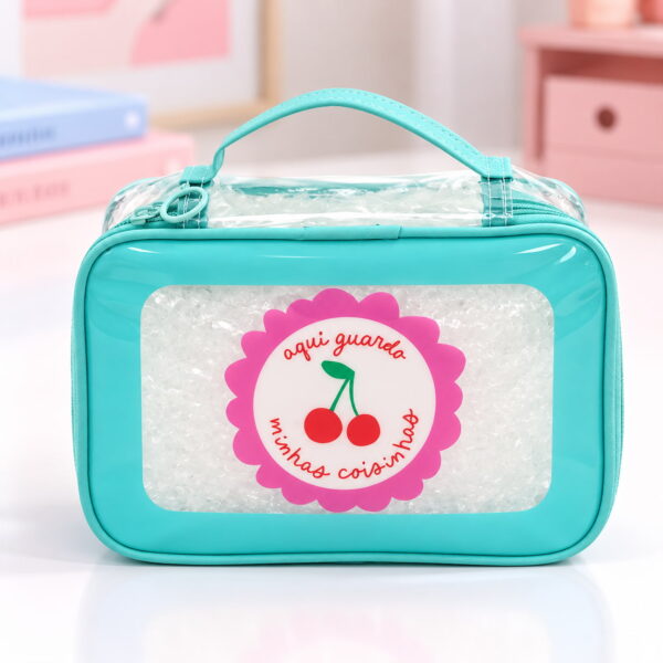 Necessaire Maleta Transparente Verde Claro "AQUI GUARDO MINHAS COISINHAS" 22x8x16cm - FLORIE - UND