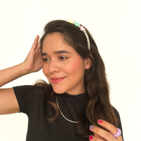 Tiara Cabelo Pérola Coração Pastel