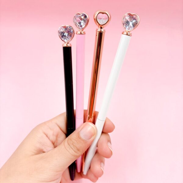 Caneta Luxo Metálica Coração - Kit 4 Und