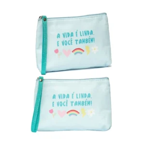 Necessaire Bolsinha de Mão Azul  A VIDA É LINDA E VOCÊ TAMBÉM 14x20cm - FLORIE - UND