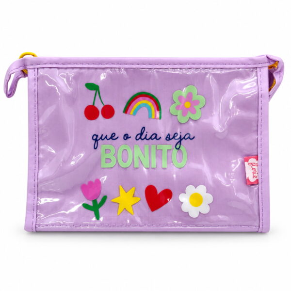 Necessaire Emborrachada Lilás "QUE O DIA SEJA BONITO" 23x6x16cm - FLORIE - UND
