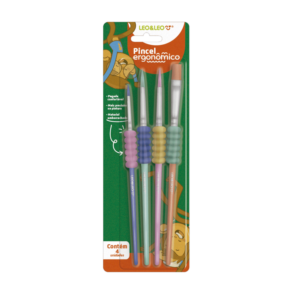 Pincel Ergonômico C/ Borracha Ponta Redonda/Chata - LEO e LEO - BLISTER