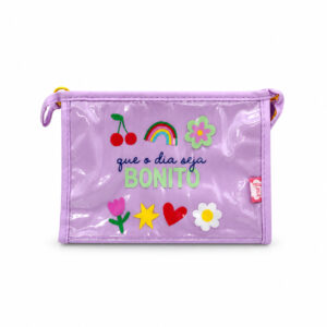 Necessaire Emborrachada Lilás "QUE O DIA SEJA BONITO" 23x6x16cm - FLORIE - UND