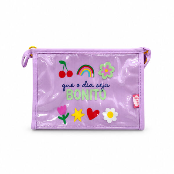 Necessaire Emborrachada Lilás "QUE O DIA SEJA BONITO" 23x6x16cm - FLORIE - UND