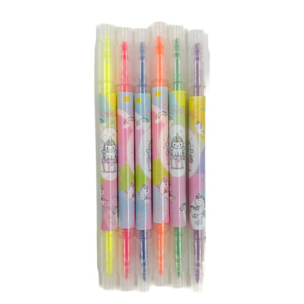 Marca Texto 2 Pontas Unicórnio Estampado - Kit 6 Cores