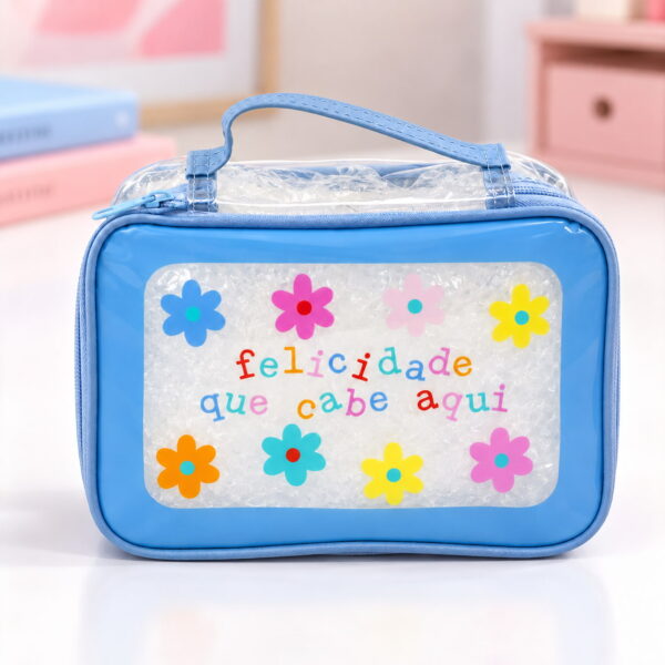 Necessaire Maleta Transparente Azul "FELICIDADE QUE CABE AQUI" 22x8x16cm - FLORIE - UND