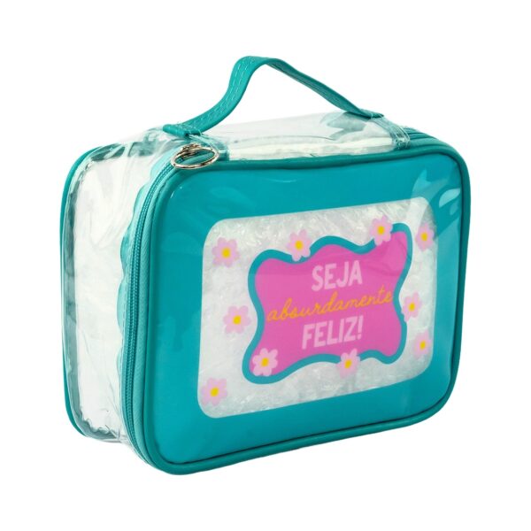 Necessaire Maleta Transparente Verde Escuro "SEJA ABSURDAMENTE FELIZ!" 22x8x16cm - FLORIE - UND