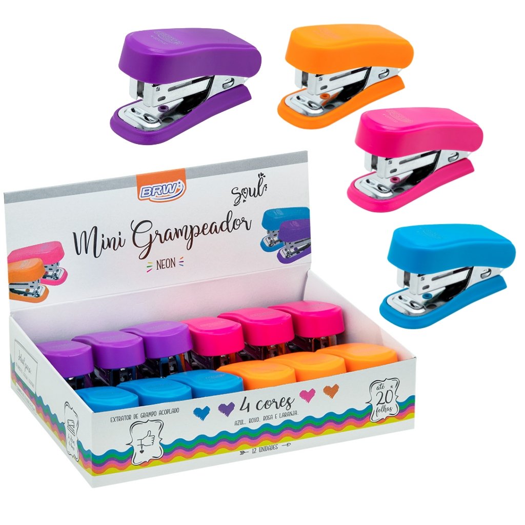 Grampeador Plástico Mini p/ 20 Folhas Neon - BRW - 4 UND