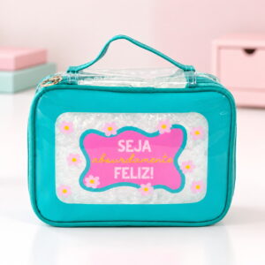 Necessaire Maleta Transparente Verde Escuro "SEJA ABSURDAMENTE FELIZ!" 22x8x16cm - FLORIE - UND