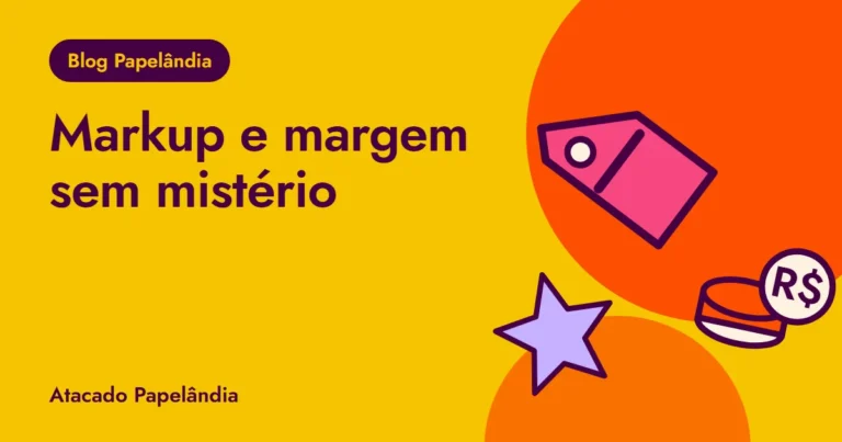 Capa do guia de markup e margem na papelaria, com etiqueta de preço e moedas em tons de roxo e amarelo