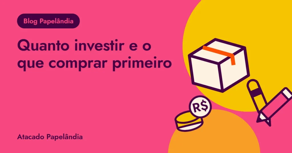 Capa do guia de estoque inicial de papelaria, com caixas, lápis e moedas em tons de roxo e rosa