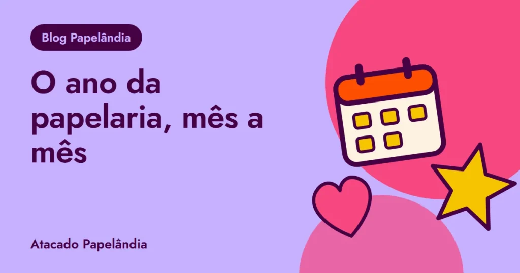 Capa do calendário de datas da papelaria, com calendário, coração e estrela em tons de lilás e rosa