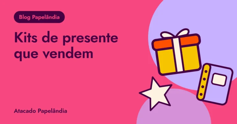 Capa do guia de kits de presente de papelaria, com caixa de presente, caderno e estrelas em tons de rosa e amarelo