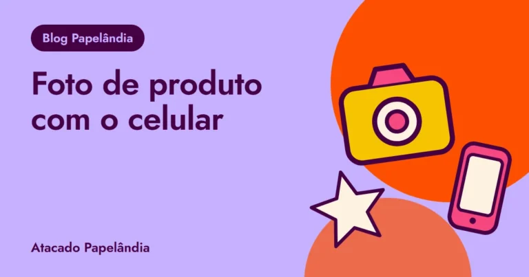 Capa do guia de foto de produto com celular, com câmera e celular em tons de lilás e laranja