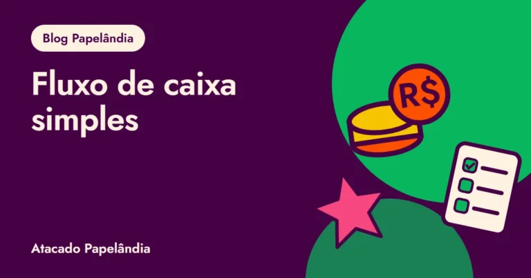 Capa do guia de fluxo de caixa para papelaria, com moedas e lista de conferência em tons de roxo e verde