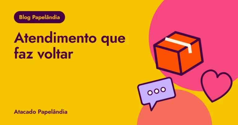 Capa do guia de atendimento e pós-venda, com caixa de pedido, coração e balão de conversa em tons de amarelo e rosa