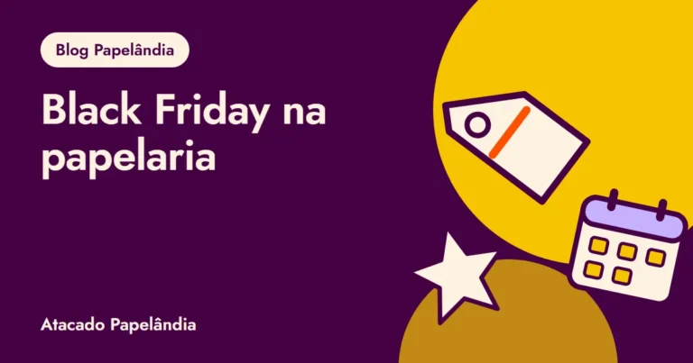 Capa do plano de quatro semanas para a Black Friday da papelaria, com etiqueta, calendário e estrela em roxo e amarelo