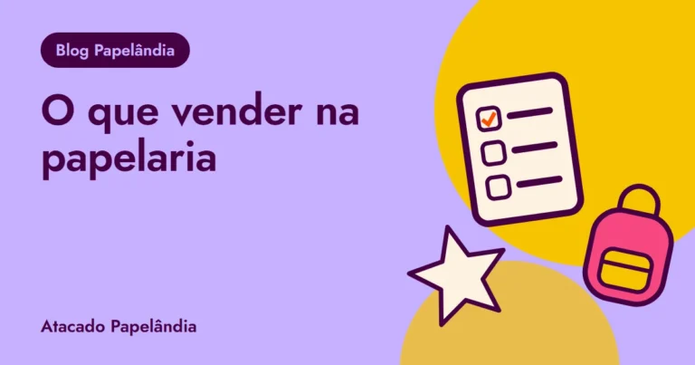 Capa do guia sobre o que vender em uma papelaria, com lista, mochila e estrela em lilás e amarelo