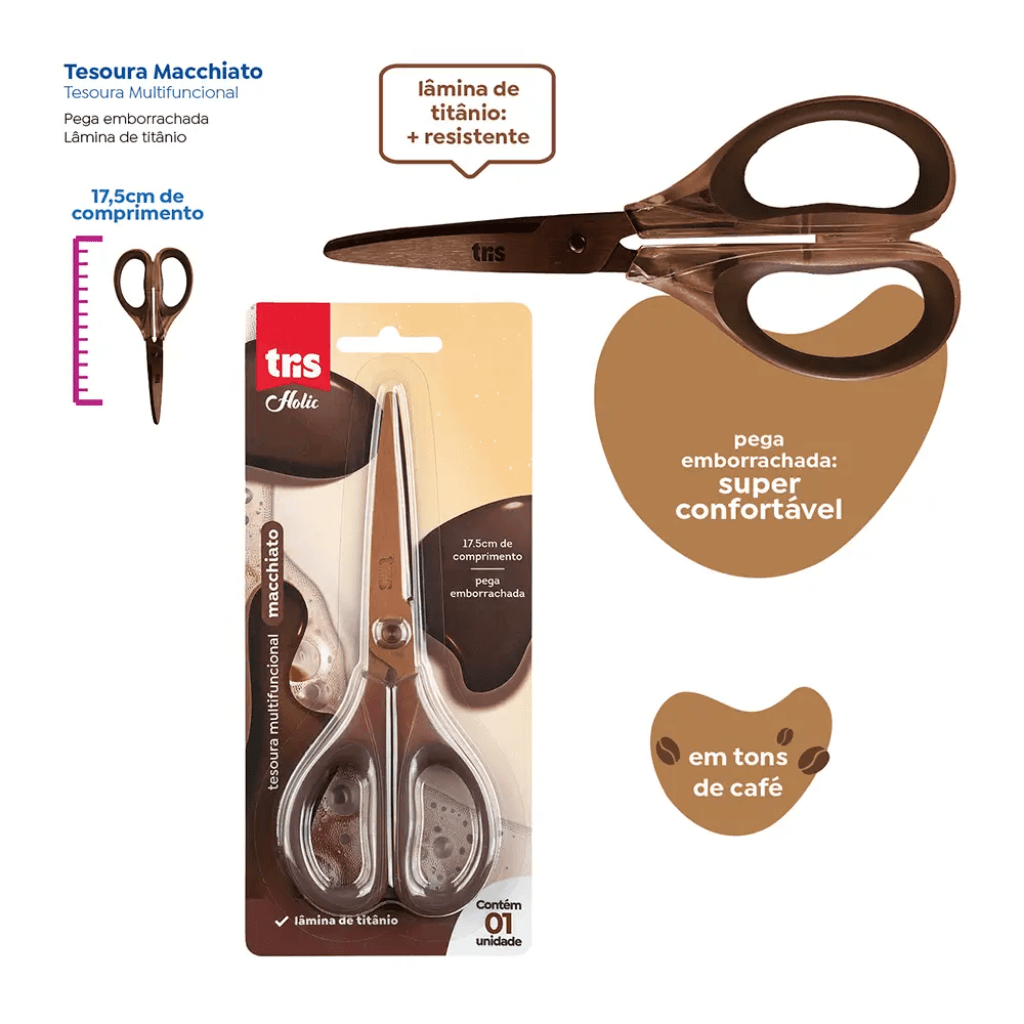 Tesoura Multifuncional Holic Coffee 17,5 cm - TRIS - BLISTER