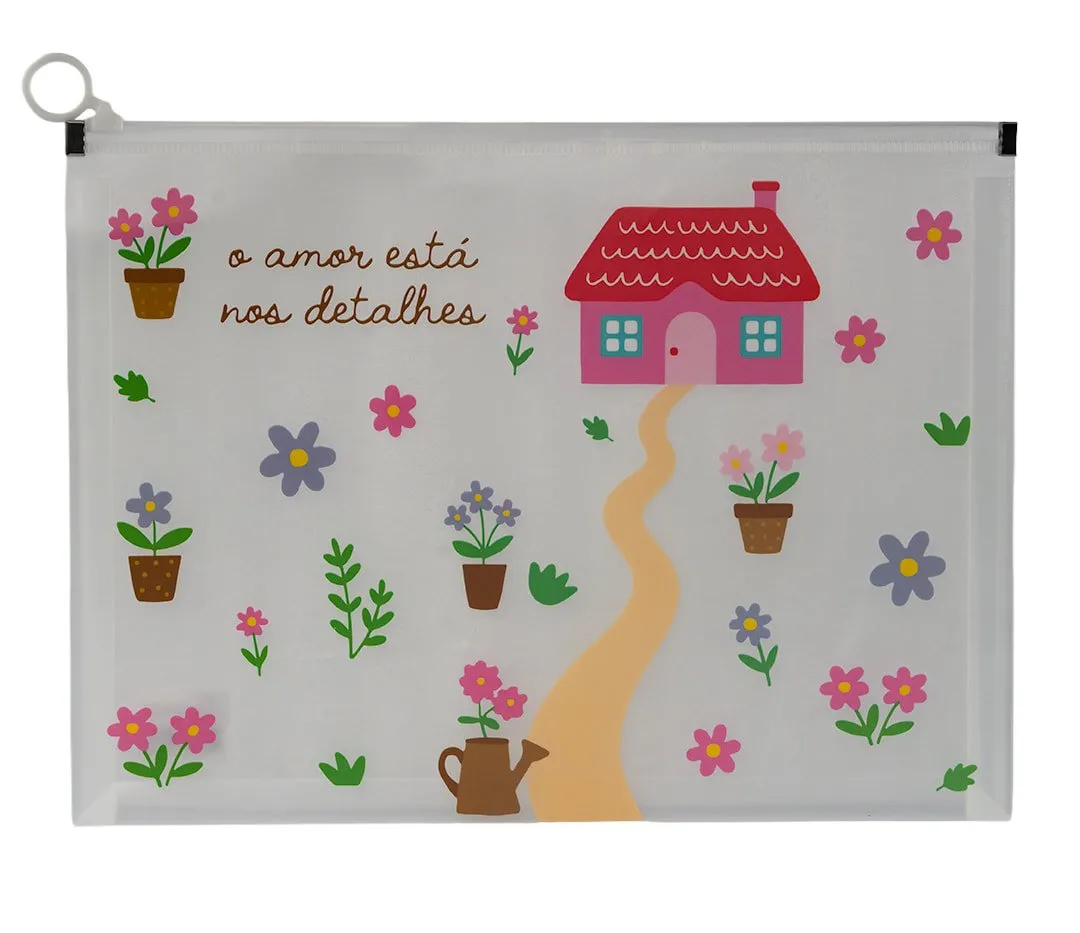Pasta Plástica Zip A4  Casinha e Flores 25x33cm - FLORIE - UND