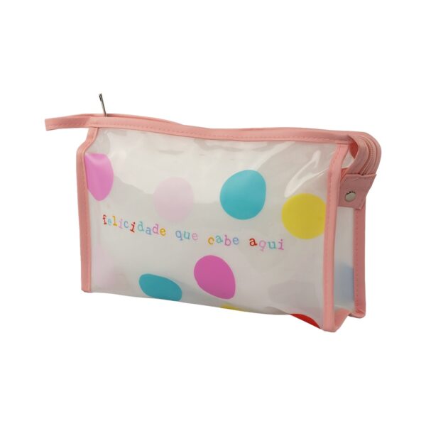 Necessaire Dia a Dia Transparente Salmão "FELICIDADE QUE CABE AQUI" 26x6x16cm - FLORIE - UND