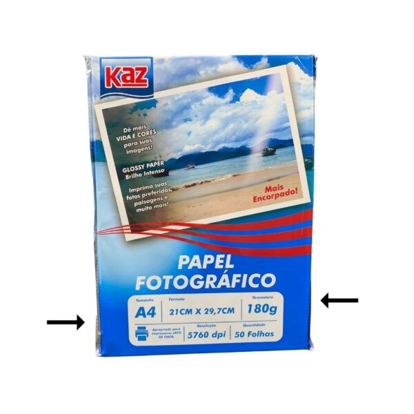 Papel Fotográfico Glossy A4 180G KAZ - PACOTE 50 Fls