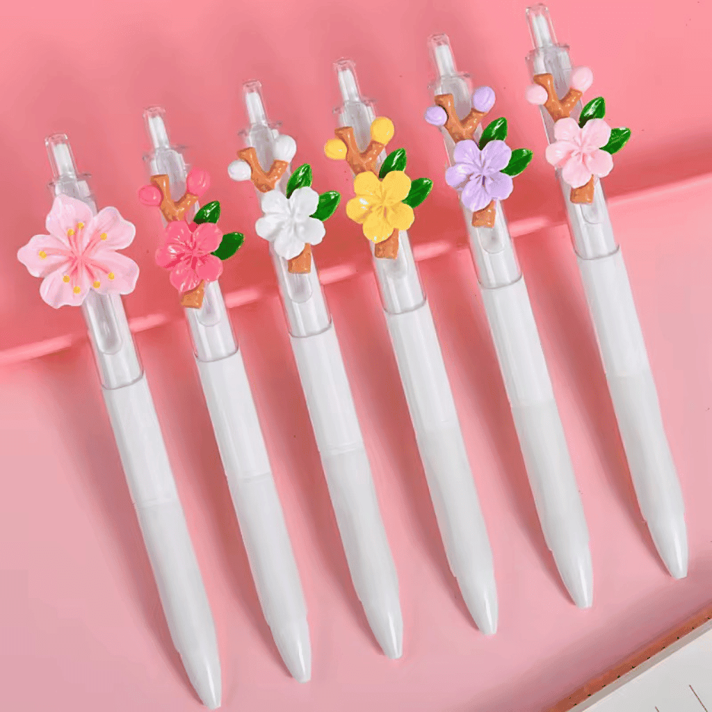 Caneta Retrátil Flores 3D - IMPORTADO -  PACOTE 6 UND