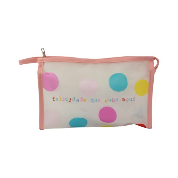 Necessaire Dia a Dia Transparente Salmão "FELICIDADE QUE CABE AQUI" 26x6x16cm - FLORIE - UND