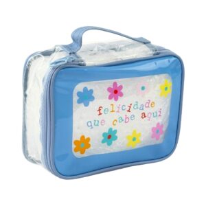Necessaire Maleta Transparente Azul "FELICIDADE QUE CABE AQUI" 22x8x16cm - FLORIE - UND