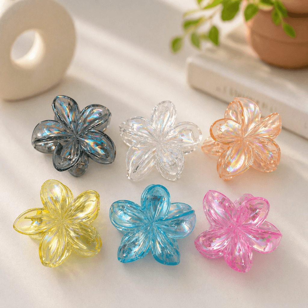 Presilha Piranha Flor TRANSPARENTE  CLEO 6 cm - IMPORTADO - PACOTE 6 UND