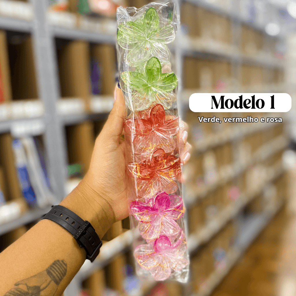 Presilha Piranha Flor TRANSPARENTE 6 cm - IMPORTADO - PACOTE 6 UND