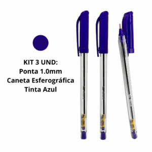 Caneta Esferográfica Transparente AZUL 1.0 mm Record - ROKE - BLISTER 3 UND