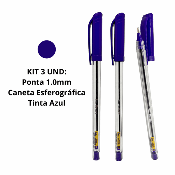 Caneta Esferográfica Transparente AZUL 1.0 mm Record - ROKE - BLISTER 3 UND
