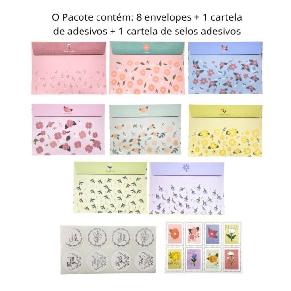 Kit 8 Envelopes Flor + Adesivos + Selos - UNISO - UND
