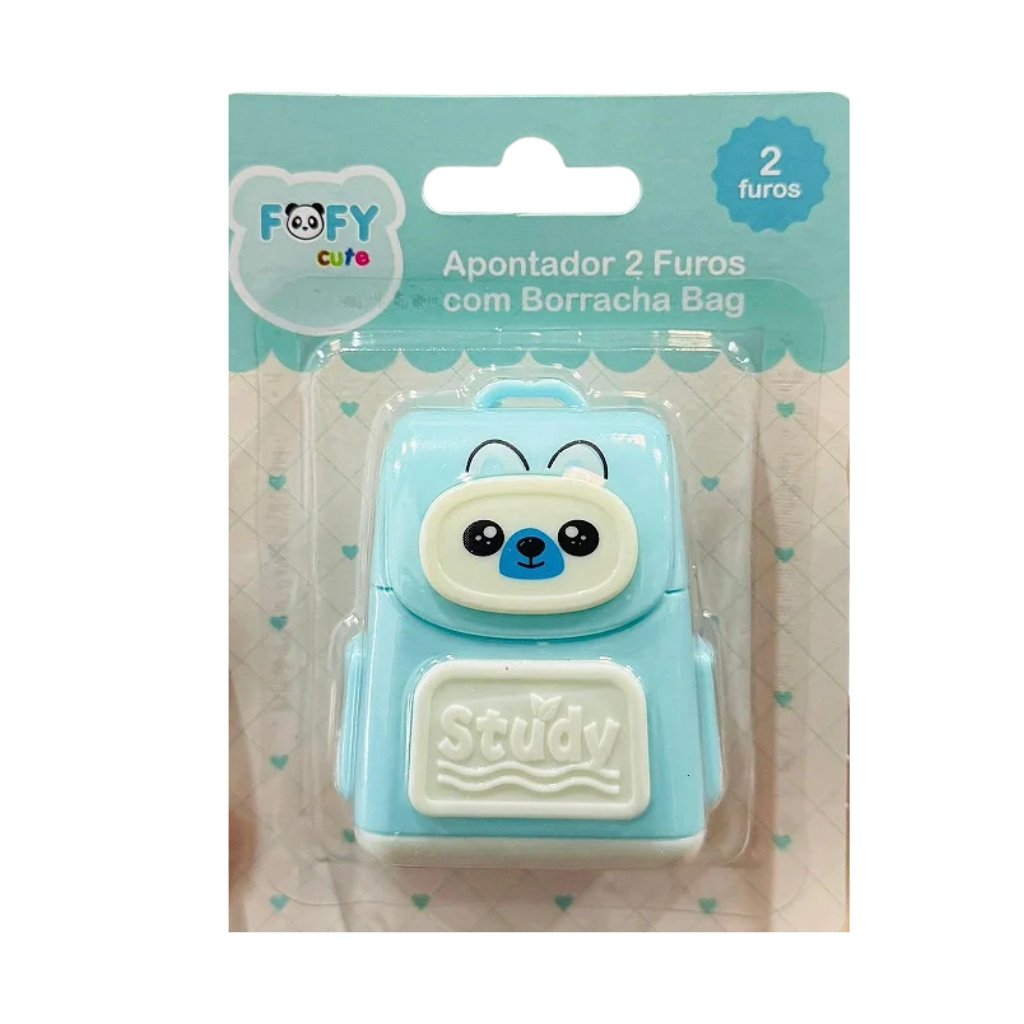 Apontador c/ Borracha 2 Furos Bag Azul - FOFY - BLISTER 1 UND